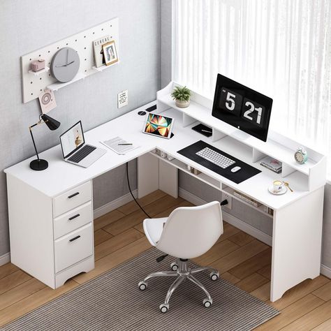 PRICES MAY VARY. 【Spacious Workspace and Storage Space】: Our white L shaped desk with 60” x 60” desktop can provide enough space for 4 monitors. This L shaped desk with 3 drawers and shelf maximally utilizes your space and provide enough space for storing books, files. 【Reversible Monitor Stand】: The monitor stand is reversible, and you can work on either the right or left side. The movable computer monitor stand is designed to an appropriate height, providing a more comfortable and ergonomic wo L Shaped White Desk With Drawers, Computer Table White, White Corner Desk In Bedroom, L Shape Desk With Drawers, L Shaped Desk White, L Shape Study Table Design Bedroom, Desktop Table Ideas, L Shape Desk Ideas, Ideas For Study Table