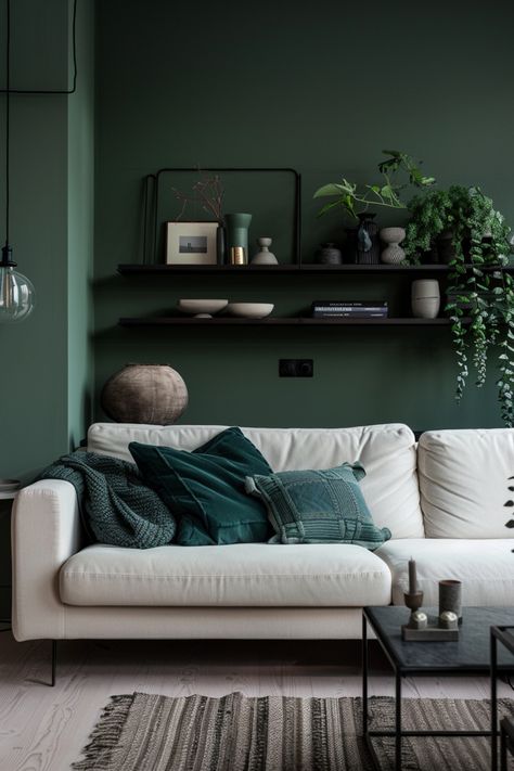 Dark green living rooms add a layer of tranquility and refinement. Click here for more ideas. Office With Dark Green Walls, Green Couch Modern Living Room, Small Green Living Room, Office Earthy, Dark Green Living Room Ideas, Forest Green Living Room, Male Living Room, Green Living Room Color Scheme, Modern Green Living Room