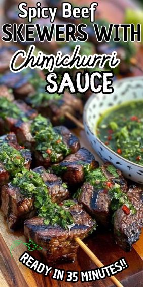 Spicy Beef Skewers with Chimichurri Sauce Spicy Beef Skewers With Chimichurri Sauce, Pork Tenderloin With Chimichurri Sauce, Chimichurri Dishes, Spicy Chimichurri Sauce, Beef Skewers Marinade, Beef Stake Recipe, Steak Tacos With Chimichurri, Chimichurri Recipes, Grilled Beef Skewers