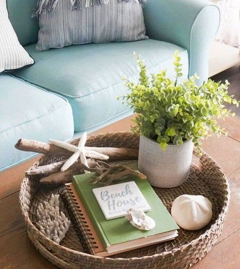 Coffee Table Top Decor Ideas with Coastal Theme Styled Trays Coastal Coffee Table Decor, Tray On Coffee Table, Coffee Table Styling Ideas, Table Styling Ideas, Table Tray Decor, Coastal Coffee Table, Coffee Table Vignettes, Shutter Decor, Sea Glass Decor