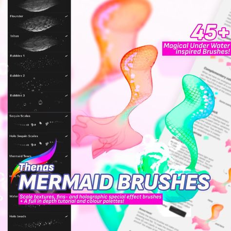 Thenas Mermaid Brushes: A complete set of 40 brushes for drawing beautiful mermaids. #mermaid #drawing . #How_To_Draw_Mermaid #Draw_Mermaid #Underwater_Realm #Mermaid_Paintings Mermaid Digital Art, Mermaid Paintings, Underwater Realm, Mermaid Brush, Mermaid Drawing, Magical Underwater, Procreate Tips, Shading Brush, Skin Paint