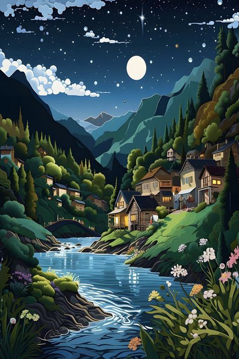 Whimsical Village by the River - Mysterious Fantasy Landscape with Moon and Mountains. A captivating scene of a village nestled in the embrace of a river and majestic mountains. Featuring a house on a hill, a whimsical moon, and vibrant floral highlights. Experience the enchantment of this fantasy landscape. Landscape With Moon, Moon And Mountains, Village Drawing, Magical Sky, Fantasy Village, Nature Canvas Art, Flowing River, Serene Nature, Mountain Drawing