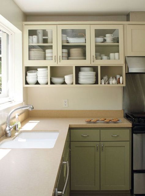 An Open Shelving Twist: Cabinet Cubbies — Kitchen Inspiration Kitchen Spotlights, Two Tone Kitchen Cabinets, Two Tone Cabinets, Upper Kitchen Cabinets, Kabinet Dapur, Two Tone Kitchen, Open Kitchen Shelves, White Dishes, Upper Cabinets