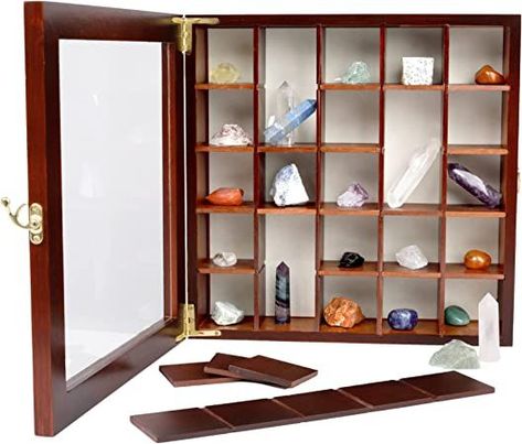 SmartyRocks Adjustable Rock Display Case - Rock Collection Box with Fabric Bed for Rock and Mineral Display - Dark-Finish Shadow Box with Shelves for Crystal Storage - Display Cases for Collectibles Rock Display Case, Rock Collection Box, Rock Collection Display, Large Shadow Box, Rock Display, Crystal Storage, Shadow Box Shelves, Movable Shelf, Mineral Display