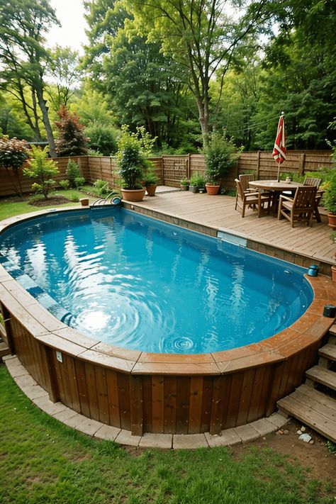 14 AMAZING Above Ground Pool Ideas to Inspire (+ Bar Addon) Pools Above Ground Ideas, Above Ground Oval Pool Ideas With Deck, 15x30 Above Ground Pool With Deck, In Ground Pool Patio Ideas, Inground Above Ground Pool Ideas, Large Above Ground Pool Ideas, Above Ground Pool Off Deck, Above Ground Pool Built Into Deck, Hillside Above Ground Pool