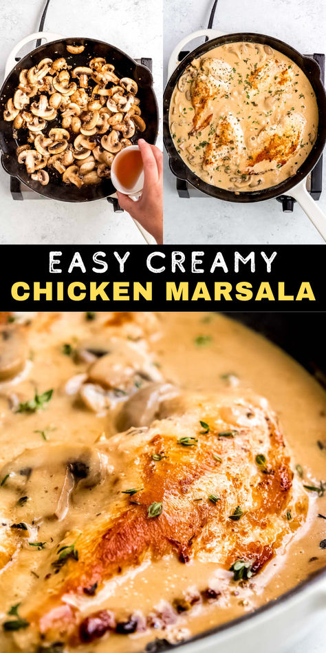 This Creamy Chicken Marsala recipe features tender, seasoned chicken in creamy marsala wine and mushroom sauce. This dinner is perfect for guests because it is a restaurant-quality meal that is deceptively simple to prepare! This easy chicken recipe is low-carb and ready in just 30 minutes! Creamy Marsala Sauce, Easy Chicken And Mushroom Recipes, Chicken Marsala Crockpot, Creamy Chicken Marsala Recipe, Chicken And Mushroom Recipes, Easy Chicken Marsala, Creamy Chicken Marsala, Chicken Marsala Recipe, Chicken Marsala Easy