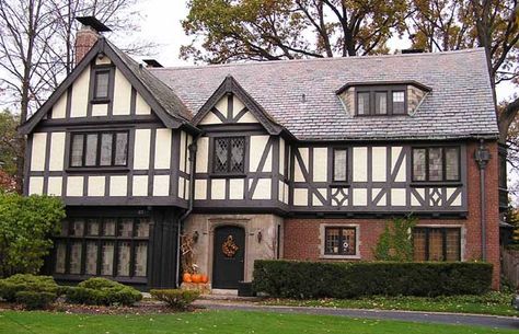 Tudor houses are mainly characterized by their wooden tim... by Alex Puzyr Tudor Exterior Paint, Portland Architecture, American House Style, Tudor House Exterior, English Tudor Homes, Architecture Work, Tudor Cottage, Tudor Style Homes, English Tudor