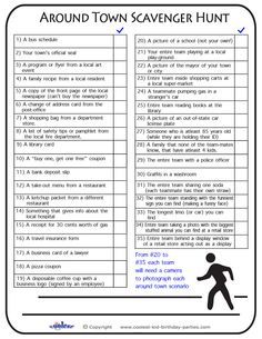 The following list will help you out with your Scavenger Hunt. Everything is already filled out in the list, so just print and hand out to all the sca... Around Town Scavenger Hunt, Town Scavenger Hunt, Teen Scavenger Hunt, Neighborhood Ideas, Picture Scavenger Hunts, Neighborhood Scavenger Hunt, Scavenger Hunt Riddles, Rally Idea, Scavenger Hunt List