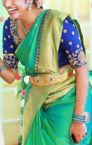 Different Shades of Blue Blouse Designs for Women with Royal Look Green And Blue Saree Blouse Designs, South Indian Wedding Sarees Color Combinations, Blue Colour Blouse Designs, Green Saree Contrast Blouse, Bride Kerala, Kannada Bride, भारतीय दुल्हन संबंधी, Telugu Bride, Tamil Bride