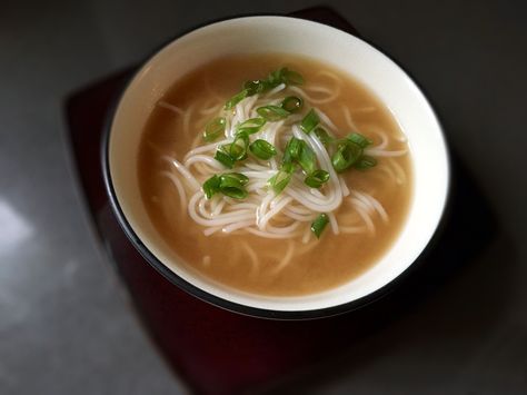 Trader Joe's Miso Ginger Broth and Fresh Rice Noodles Asian Broth Soup, Ginger Soup Recipes, Miso Ginger Broth, Trader Joes Recipe, Asian Broth, Rice Noodles Soup, Trader Joes Meals, Ginger Broth, Cooking For Dummies