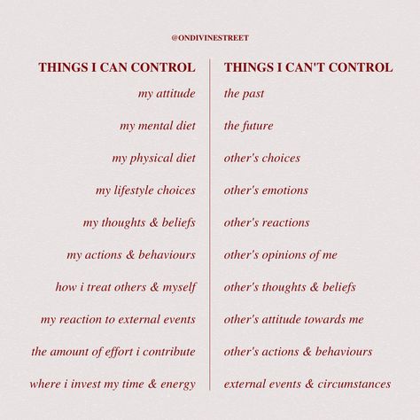 THINGS YOU CAN CONTROL VS. THINGS YOU CANT CONTROL ⚡️ | 📍 DIVINE STREET @ondivinestreet Accepting What You Cant Control, You Control Your Emotions Quotes, Stressing Over Things You Cant Control, Things I Can Control Quote, Things We Cant Control Quotes, Things You Can Control Vs Things You Cant Control, Things That Are Out Of Your Control, Things Under My Control, What You Cant Control Quotes