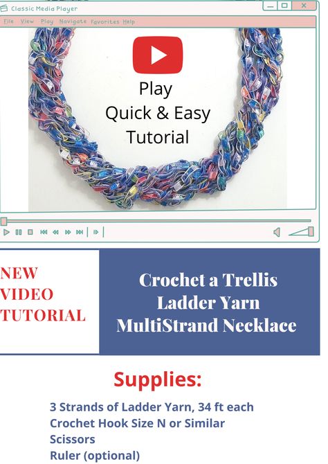 Ladder Ribbon Yarn Crochet Patterns, Ladder Yarn Patterns Free, Ladder Yarn Projects, Crochet Diy Beginner, Ribbon Yarn Scarf, Fast Easy Crochet, Diy Crochet For Beginners, Ladder Yarn Necklace, Crochet Necklace Tutorial