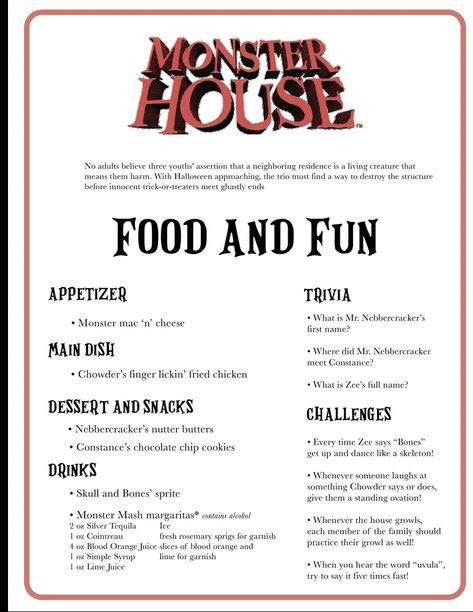 Monster House Movie Night Food, Halloween Movie Recipes, Elemental Movie Theme Dinner, Monster House Dinner And Movie, Monster House Themed Dinner, Monster House Movie Night, Elemental Movie Night Ideas, Fall Movie Night Dinner, Halloween Themed Movie Night Ideas