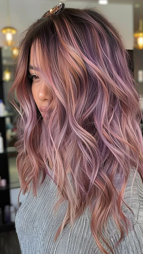 Lavender And Rose Gold Hair, Rose Gold Purple Hair, Balayage Hair With Purple, Copper And Lavender Hair, Light Brown Hair With Vivid Color, Brunette Lavender Hair, Rose Pink Balayage, Lavender Brunette Hair, Purple And Rose Gold Hair