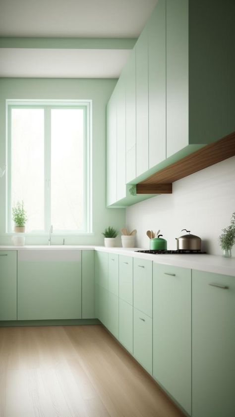 Beautiful Green Kitchen Decor Idea, minimalist mint green, natural with plants White And Mint Green Kitchen Ideas, Mint Green And Wood Kitchen, Mint Green Kitchen Walls, Mint Green Kitchen Ideas, Mint Green Kitchen Cabinets, Mint Green Kitchen, Green Kitchen Walls, Mint Kitchen, Whimsical Kitchen