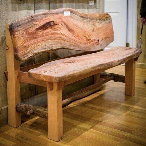 Live Edge Bench Diy, Homemade Wood Bench, Live Edge Furniture Coffee Tables, Live Edge Bench Entryway, Live Edge Projects Ideas, Log Benches, Wood Bench With Back, Deck Extension, Rustic Benches