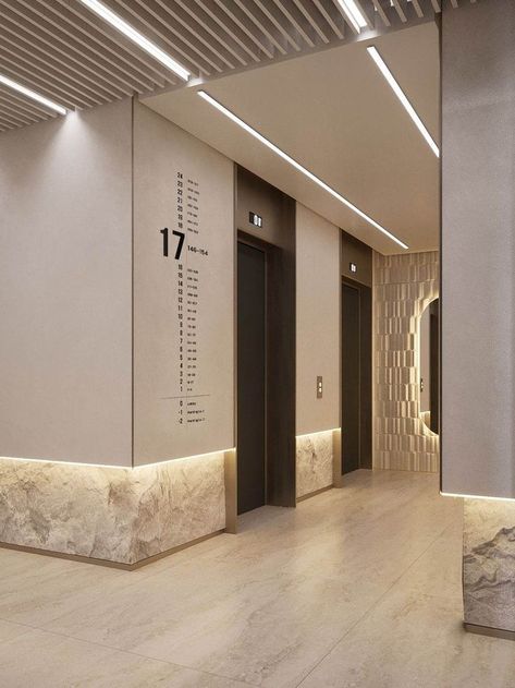 Lift Lobby Design, Elevator Lobby Design, Lobby Designs, Luxury Hotels Lobby, Lobby Ideas, Hotel Floor Plan, Hotel Corridor, Elevator Lobby, Corporate Interior Design