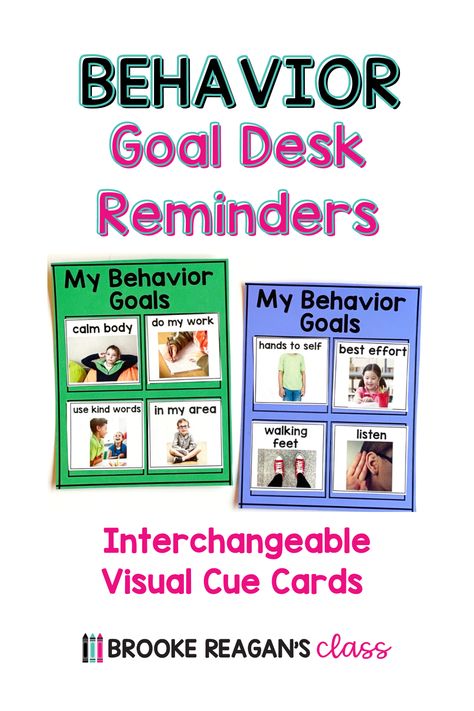 Visual behavior cue cards for student behavior goal reminders. Attach to students desk, table spot or binder for visual reminders of behavior expectation and goals. Behavior Task Cards, Behavior Visuals, Kindergarten Behavior, Behavior Expectations, Kindergarten Goals, Preschool Behavior, Behavior Goals, Behavior Cards, Behavior Reflection