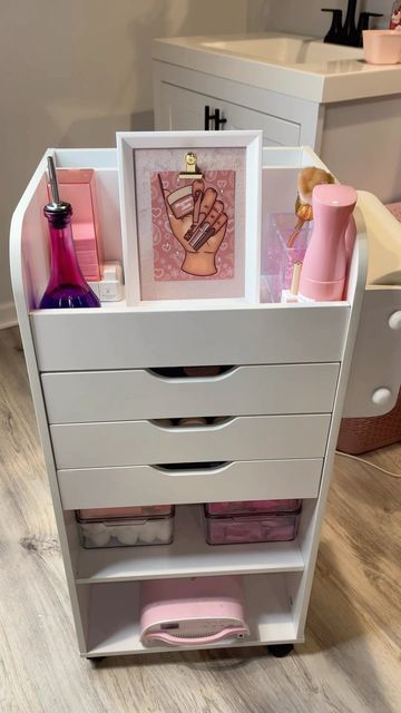 Nail Tech Desk Organization Ideas, At Home Nail Organization, Nail Supply Organization Ideas At Home, Nail Supplies Storage, Nail Tech Organization Ideas Storage, Nail Room Organization, Nail Cart Organizer Ideas, Nail Storage Ideas Small Spaces, Nail Tech Storage