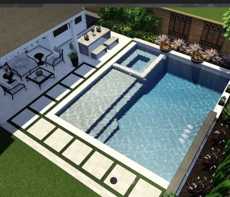 Outdoor Pool Area Ideas Modern, Ranch House Pool Ideas, Outdoor Shower Area Ideas, Linear Pool With Spa, Luxury Swimming Pools Backyard, Inground Pool Hot Tub Combo, Swimming Pool Ideas Inground, Rectangle Pools Backyard, Home Depot Patio Ideas