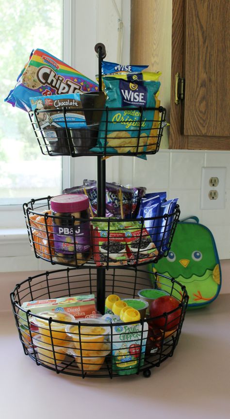 Lunch Packing Station. #savealotinsiders Lunch Storage Ideas, Snack Holder Ideas For Kitchen, Countertop Snack Organization, Snacks Storage Ideas, Kids Summer Snack Station, Office Food Station, Snack Organization Ideas Counter, Countertop Snack Storage Ideas, Lunch Station For Kids