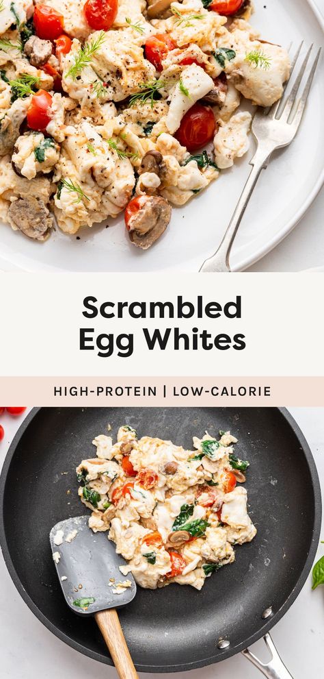 Start your morning with these light and fluffy scrambled egg whites. They're packed with spinach, mushrooms and tomatoes for a quick and easy, high-protein, low-calorie breakfast recipe! Egg White Tacos, Egg White Scrambled Eggs, Egg White Scramble Recipes, Easy Egg White Recipes, Eggwhite Breakfast Ideas, Low Calorie Egg Recipes, Egg White Breakfast Recipes, Scrambled Egg Whites, Egg White Scramble