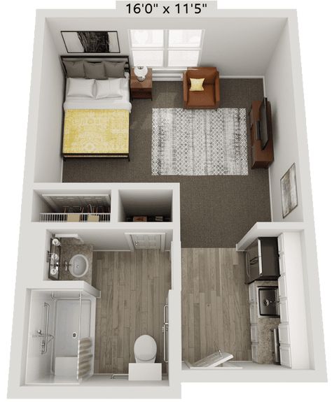 Ashford-of-Beavercreek_E_AL-Studio Studio Apt Ideas Layout, Bedroom Living Room Combo Layout, French Doors Bathroom, Studio Layouts, Living Room And Bedroom Combo, Studio Apartment Ideas Layout, Studio Layout, Cabins For Sale, Studio Apt