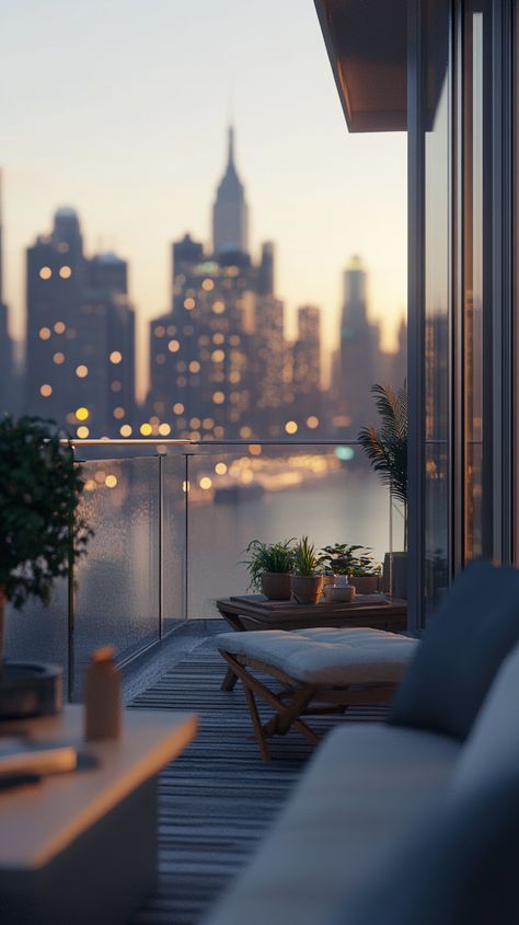 Stylish City Apartment Balcony Skyline View Rustic City Apartment, Condo With City View, City Apartment Balcony, River View Apartment, Apartment Views, Dream Condo, Nyc Condo, Boston Apartment, City View Apartment