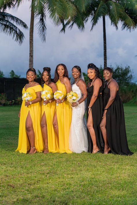 Bride. Bridesmaids. Bridal Party Black And Yellow Bridesmaid Dresses, Black White And Yellow Wedding, Black And Yellow Wedding Theme, Yellow Black Wedding, Yellow Bridal Party, Black And Yellow Wedding, Hunters Wedding, Yellow Wedding Ideas, Black People Weddings