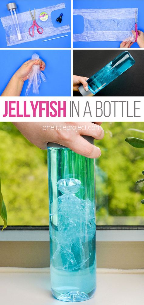 Jellyfish in a bottle Under The Sea Theme Preschool Science Ocean Activities, Water Themed Preschool Crafts, Plastic Bag Jellyfish, Wave Bottle For Kids, Beach Theme Science Experiments, Scuba Vbs Crafts For Older Kids, Kids Summer Science Experiments, Mason Jar Aquarium Kids, Marine Science Experiments