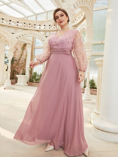 Soiree Dress For Plus Size, Long Sleeve Chiffon Dress Bridesmaid, Elegant Dress For Big Size Woman, Latest Designer Party Wear Dresses, Dress For Big Size Woman, Pink Brides Maid Dresses, Net Gown Designs, New Model Dress, Plus Size Bridesmaid Dresses