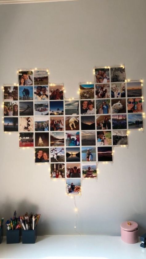 Heart Photo Collage Wall, Cute Wall Decor Ideas, Room Decor For Women, Heart Photo Walls, Big Blank Wall, Heart Photo Collage, Photo Collage Wall, Place Card Holders Wedding, Diy Gallery Wall