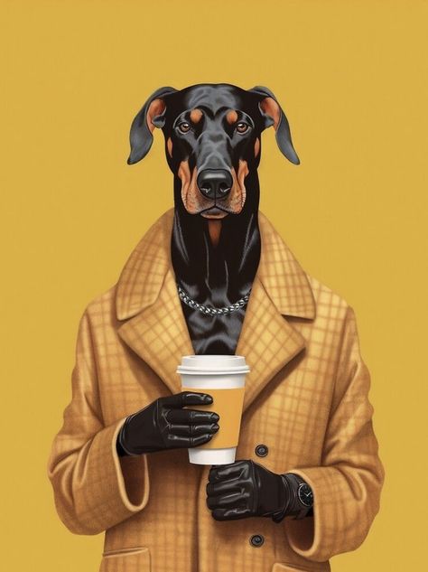 Funny Pet Portraits, Dogs And Coffee, Smart Dogs, Painting Model, Human Dog, Holding Coffee, Animal Dress Up, Coffee Art Print, Animal Art Prints