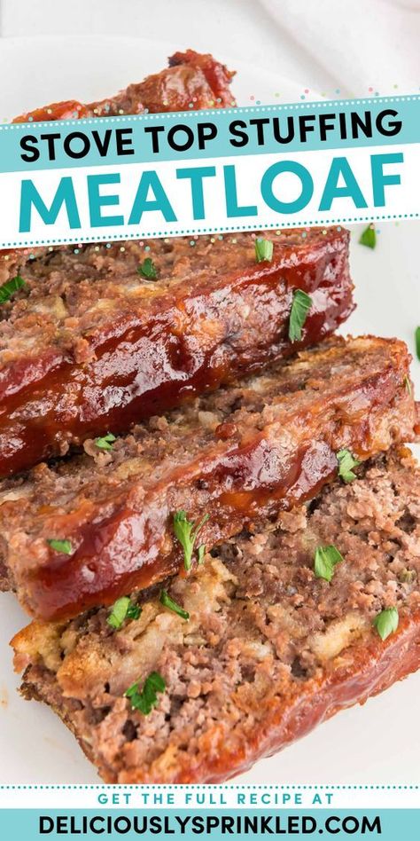 A must-try weeknight dinner for family! This meat main dish features a stove top stuffing recipe. Smothered in BBQ sauce, this meatloaf with stuffing is so good! Meatloaf With Stuffing, Stuffing Meatloaf, Stove Top Stuffing Meatloaf, Stove Top Stuffing Recipes, Dinner For Family, Beef Meatloaf Recipes, Stove Top Stuffing, Beef Meatloaf, Classic Meatloaf Recipe