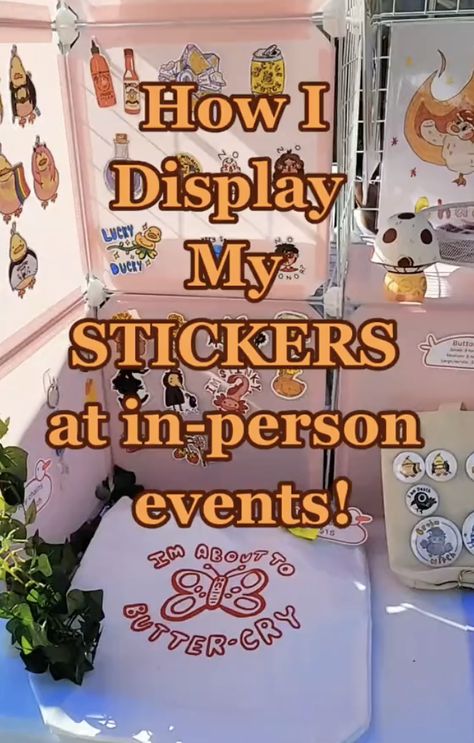 Pop Up Shop Sticker Display Ideas, Vendor Booth Sticker Display, Ways To Display Stickers For Sale, Vendor Booth Display Ideas Stickers, Sticker Selling Display, Sticker Display For Craft Show, Craft Fair Sticker Display Ideas, Retail Sticker Display Ideas, Displaying Stickers For Sale