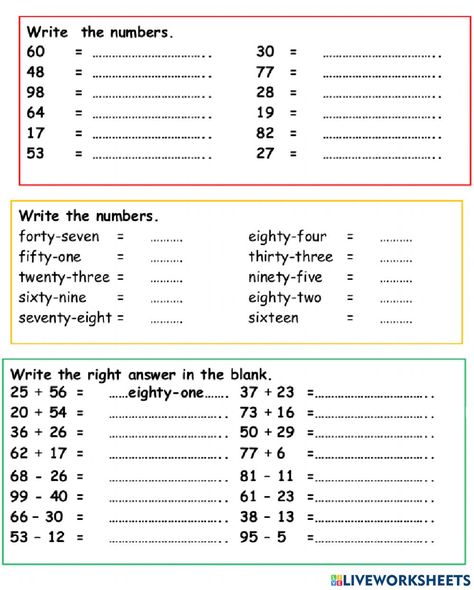 Number English Worksheet, Numbers Up To 100 Worksheets, Numbers English Worksheet, Numbers To 100 Worksheets, Numbers Exercises English, Numbers 1 100 Worksheet, Numbers In English, English Numbers, Number Words Worksheets