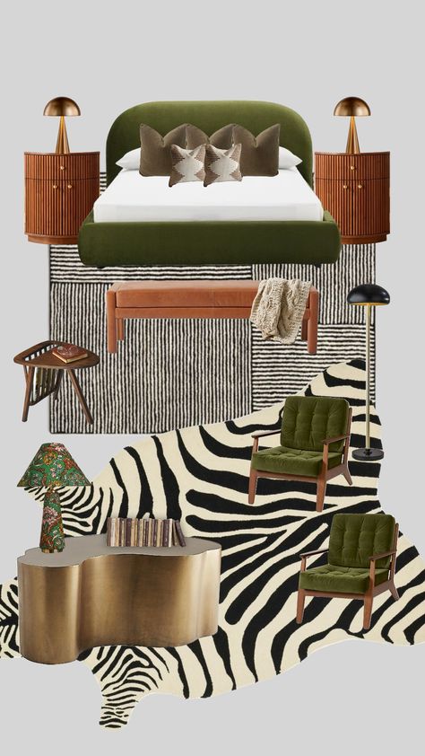 #myfirstshuffle Room Decor Ideas Green Wall, Leopard Accent Living Room, Loft Boho Bedroom, Funky Hotel Rooms, Colorful Couples Bedroom, Airbnb Mood Board, Gray Maximalist Bedroom, Modern Glam Design, Afro Boho Apartment