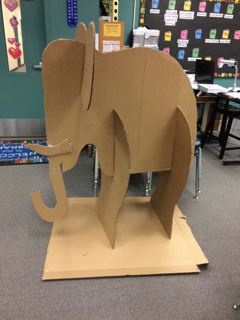 Making the elephant for the Book Fair. Halloween Jungle Theme, Safari Library Theme, Jungle Theme Float, Diy Jungle Animals Decorations, Scholastic Book Fair Jungle Theme, Cardboard Jungle Animals, Safari Theme Book Fair, Wildlive Vbs Crafts, Jungle Library Theme