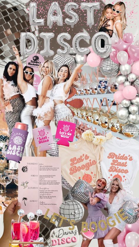 My Last Disco Bachelorette, Disco Ball Theme Bachelorette Party, Disco Themed Hens Party, Bachelorette Trip Theme Nights, Bachelorette Party Themes Decorations, Last Disco Hens Theme, Bachelorette Party Going Out Themes, Drag Show Bachelorette Party, Bachelorette Themes Disco