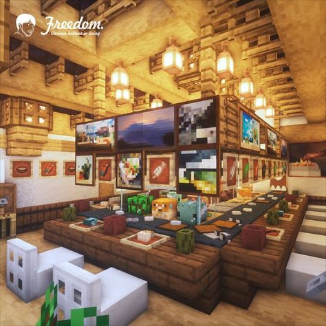 Restaurant Interior Minecraft, Minecraft Ball Room Ideas, Minecraft Sushi Bar, Minecraft Sushi Restaurant, Minecraft Music Room, Minecraft Bar Ideas, Minecraft Restaurant Interior, Minecraft Market Ideas, Minecraft Bakery Interior