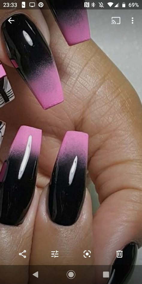 Matte Black Nails Ombre, Hot Pink And Black Acrylic Nails Designs, Light Pink And Black Ombre Nails, Ombre Pink And Black Nails, Hot Pink And Black Ombre Nails, Black And Pink Ombré Nails, Black And Pink Dip Nails, Pink And Black Ombre Acrylic Nails, Pink To Black Ombre Nails