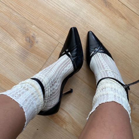 Black Heels With Socks, Heels And Socks Outfit, Pumps With Socks, Socks With Heels Outfit, Pointy Heels Outfit, Heel Aesthetic, Heels With Socks, Grad Fits, Goth Romance