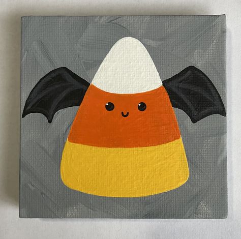 "3\"x3\" Hand Painted Halloween Candy Corn Bat Canvas Painting This small candy corn painting is the perfect addition to your fall/Halloween decor.  Hand painted on a 3\"x3\" canvas with acrylic paint, each painting is one of a kind.  A great gift for a friend or family member or perfect just for you!" Halloween Artwork Painting, Candy Corn Painting, Pumpkin Canvas Painting, Gold Tattoos, Corn Painting, Halloween Canvas Paintings, Art Mini Toile, Halloween Canvas Art, Hand Painted Halloween