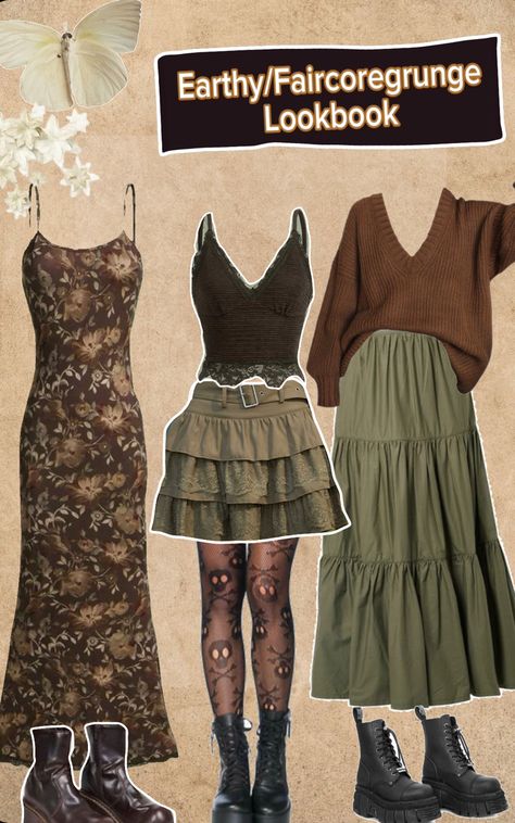 Boohoo Style Outfits, Fall Fairy Outfit Ideas, Dark Fairy Core Aesthetic Outfits, Fairycore Outfit Casual, Aesthetic Fashion Types, Grunge Earthy Outfits, Goblincore Outfit Ideas, Hippie Fairy Core Outfits, Faeriecore Outfit