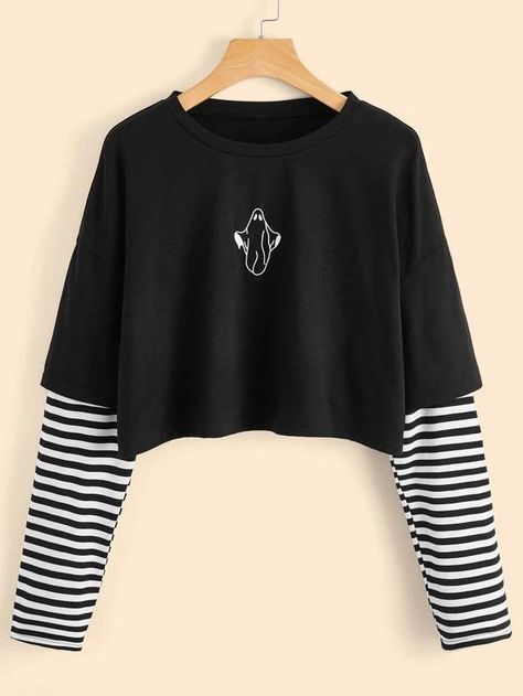 Bocas Anime, Ghost Print, Color Block Sweatshirt, Long Sleeve Tops Casual, Aesthetic Dark, Striped Sleeve, Teenage Fashion Outfits, Casual Style Outfits, Plus Size T Shirts