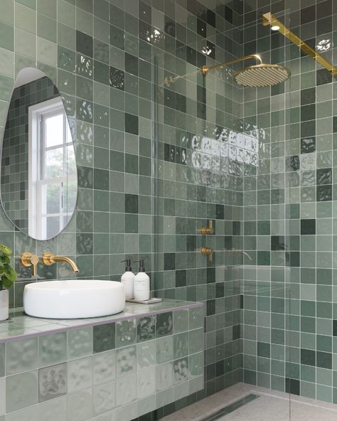 Cadence™ Sage Tile Sage Tile, Light Green Bathrooms, Terrace Tiles, Green Tile Bathroom, Topps Tiles, Green Mosaic, Handcrafted Tile, Tile Trends, Kitchen Splashback