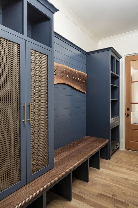 Closed Entryway Storage, Dropzone Cabinets, Mid Century Mud Room, Colorful Mudroom Ideas, Modern Farmhouse Mudroom Entryway, Built In Lockers Mud Rooms, Entry From Garage, Narrow Mudroom, Entrance Organization