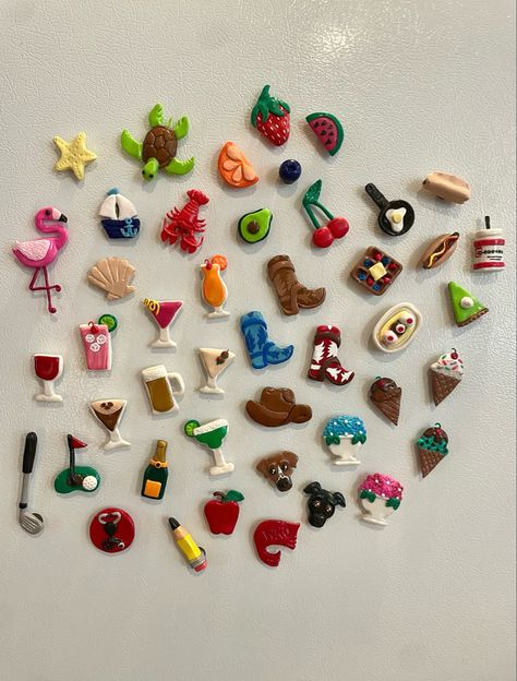 handcrafted magnet creations! Painting Magnets Ideas, Cherry Clay Magnet, Christmas Fridge Magnets Diy, Clay Art Charms, Small Things To Make With Clay Easy, Air Dry Clay Gifts Diy Projects, Small Clay Art Ideas, Airdry Clay Fridge Magnets Diy, Handmade Magnets Ideas