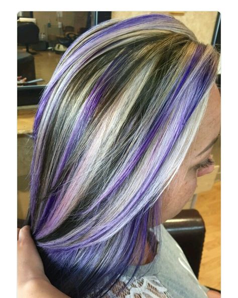 Touch of purple Dark Hair With Purple And Blonde Highlights, Blonde Brown Purple Hair, Silver With Purple Highlights, Blonde And Purple Highlights Brown Hair, Purple And Silver Hair Color Ideas, Hair Color With Purple Highlights, Hair With Silver Streaks, Silver Hair With Purple Highlights, Purple Hair With Blonde Highlights