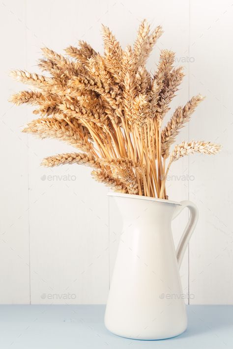 Ripe wheat in white vase on wooden background by sunapple. Bouquet of ripe wheat on blue and white wooden table, vintage harvest background, copy space#wooden, #background, #sunapple, #vase Fake Wheat Decor, Dried Wheat In Vase, Wheat Decorations Decorating Ideas, Wheat Table Decor, Wheat In Vase, Dried Wheat Decor, Wheat Vase, Harvest Background, Wheat Decor